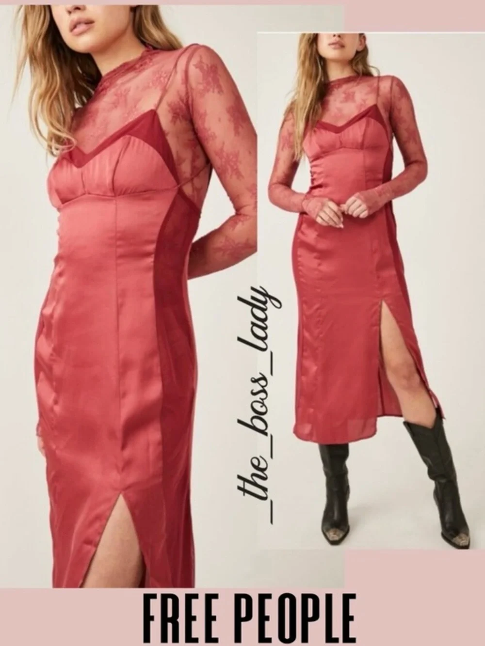 Free People maxi dress in satin maxi slip side slit boho evening long Large